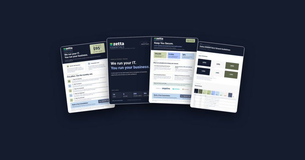 The Zetta Essentials brochure, info pack, one-page insert and brand guidelines laid out on navy