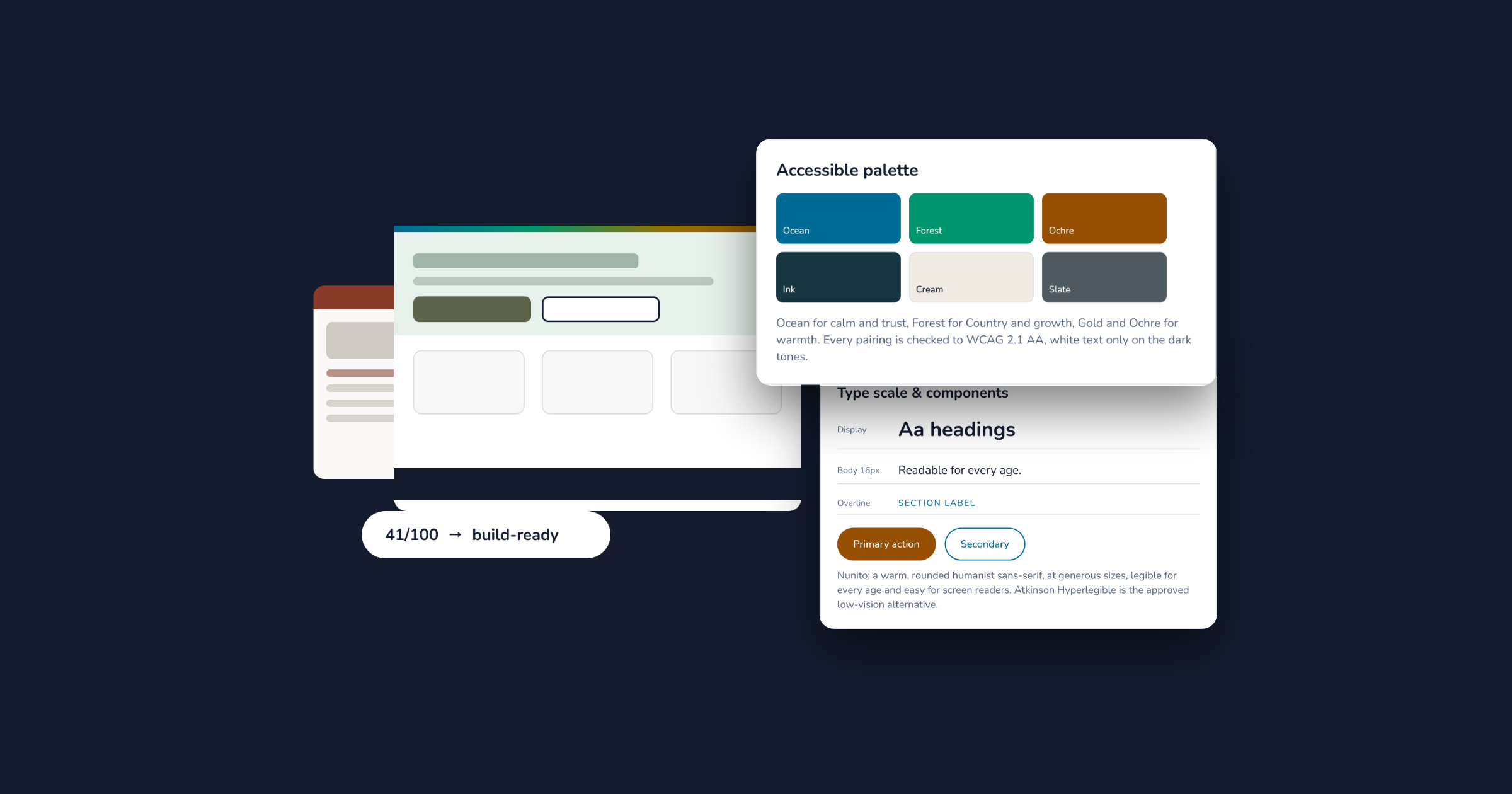 A not-for-profit website redesign: a dated page behind the new accessible layout, its colour palette and type scale, with the score moving from 41/100 to build-ready
