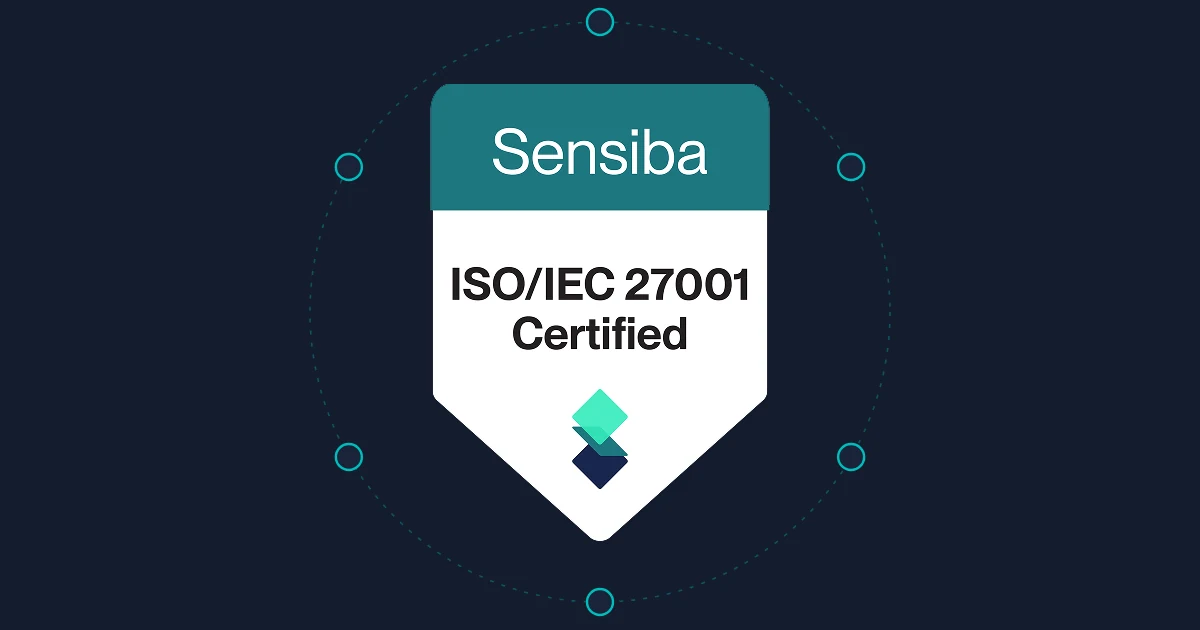 Sensiba ISO/IEC 27001 certified badge circled by a ring of security control nodes