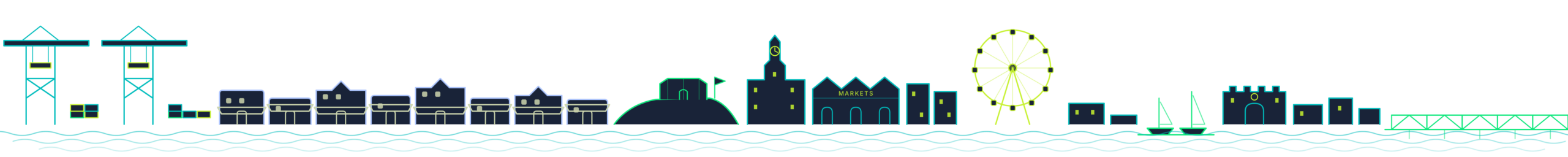 Managed IT services in Fremantle: line drawing of Fremantle from the port cranes and Cappuccino Strip to the Round House, Town Hall, Esplanade wheel, Fremantle Prison and the Fremantle Traffic Bridge